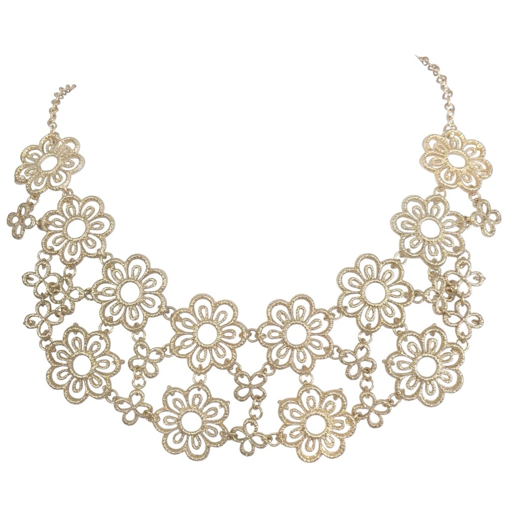 Gold Daisy Flower Lace Bib Statement Necklace